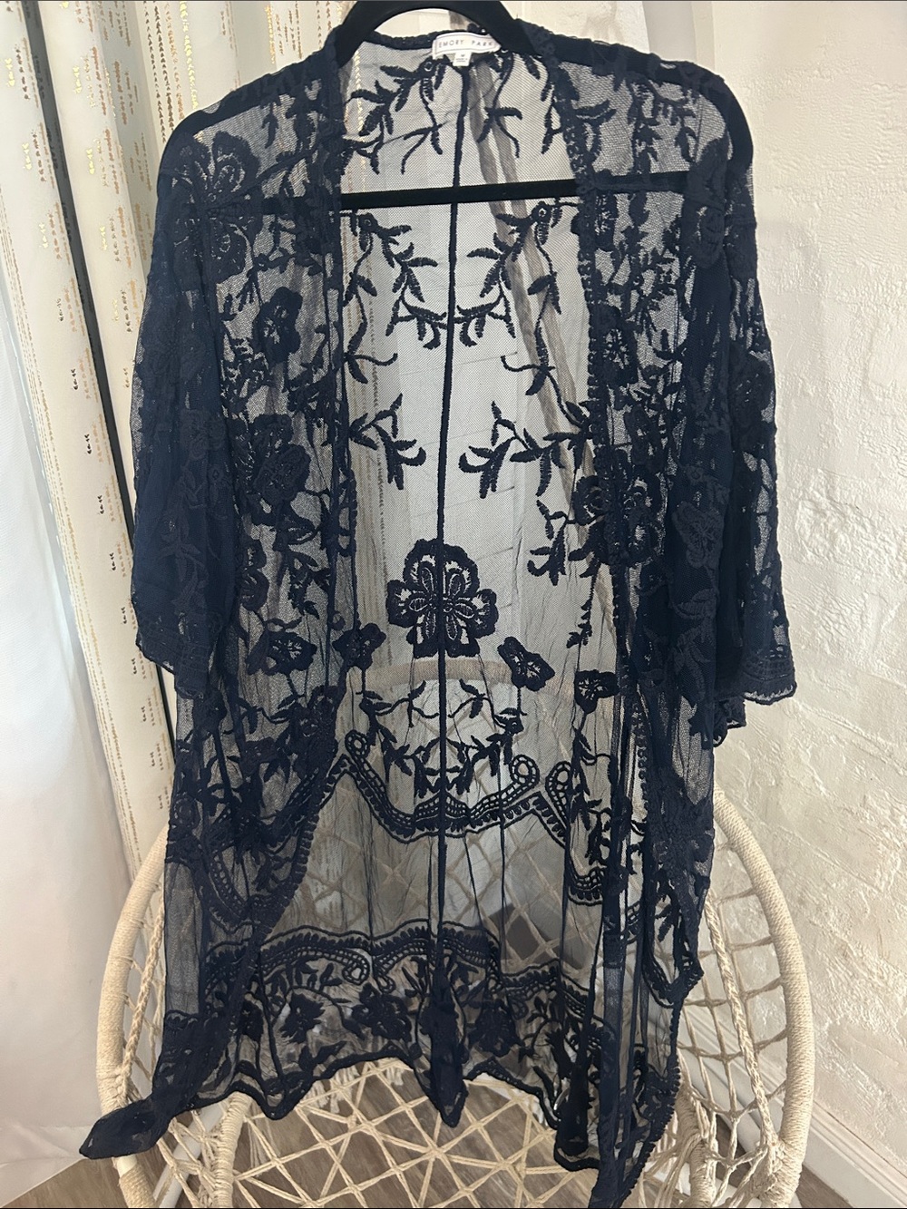 Emory Park Black Floral Embroidered Lace Sheer Kimono Cardigan | Medium